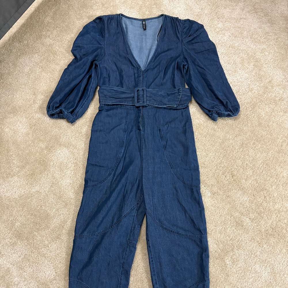 Zara Blue Denim Puff Sleeves Jumpsuit